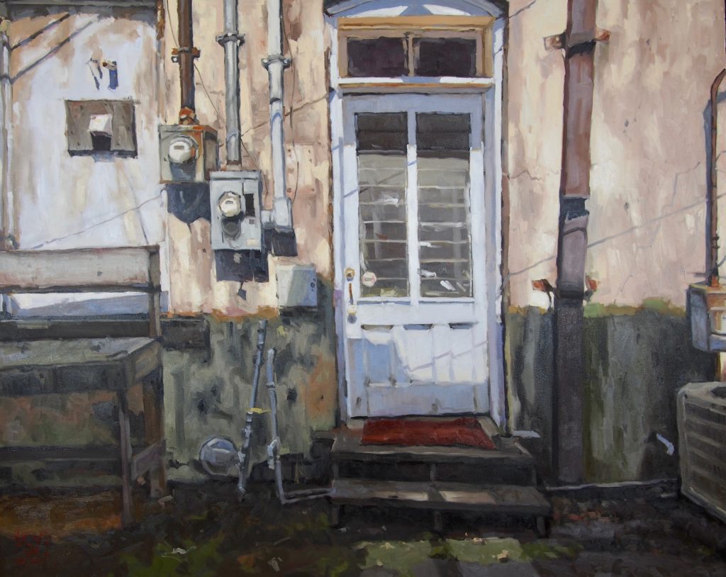 Plein air oil painting of a door