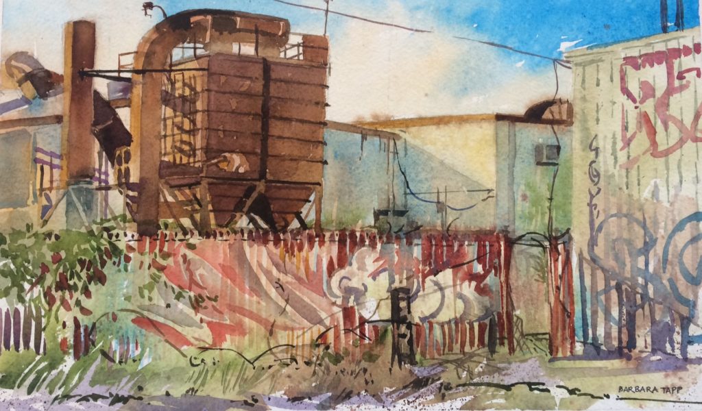 "Hole in the Fence," by Barbara Tapp, 2017, watercolor, 7 ½ x 15 in.