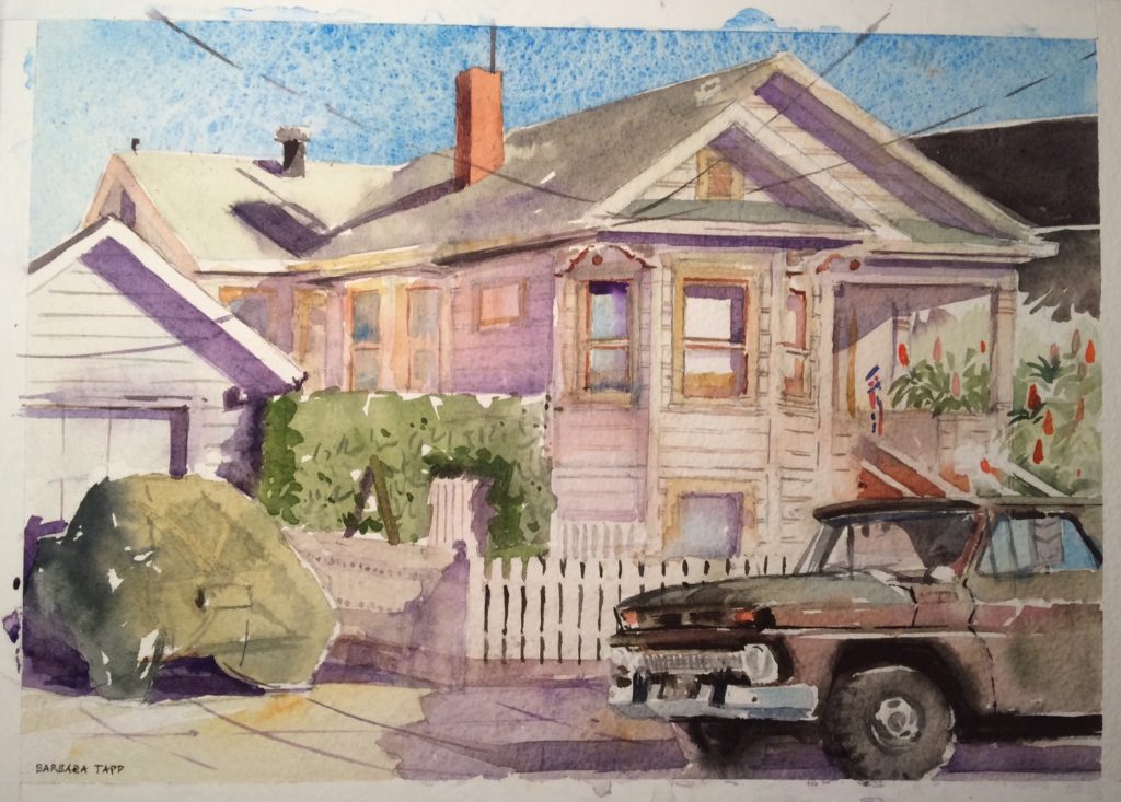 "Dave Loves His Chevys," by Barbara Tapp, 2017, watercolor, 8 x 15 in.