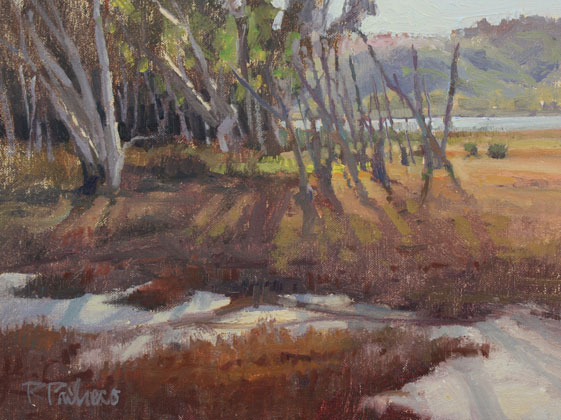 Painting en plein air - “Filtered Morning Light,” by Rita Pacheco, oil on linen panel, 9 x 12 in. Private collection