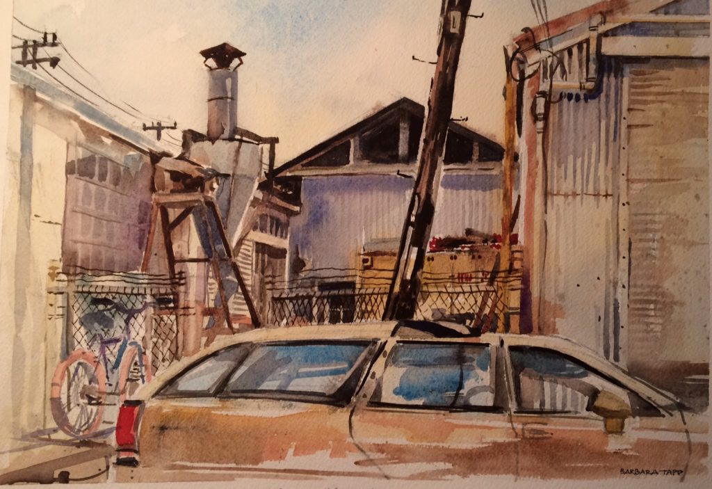 "The Patternmakers' Yard," by Barbara Tapp, 2017, watercolor, 8 x 13 in.