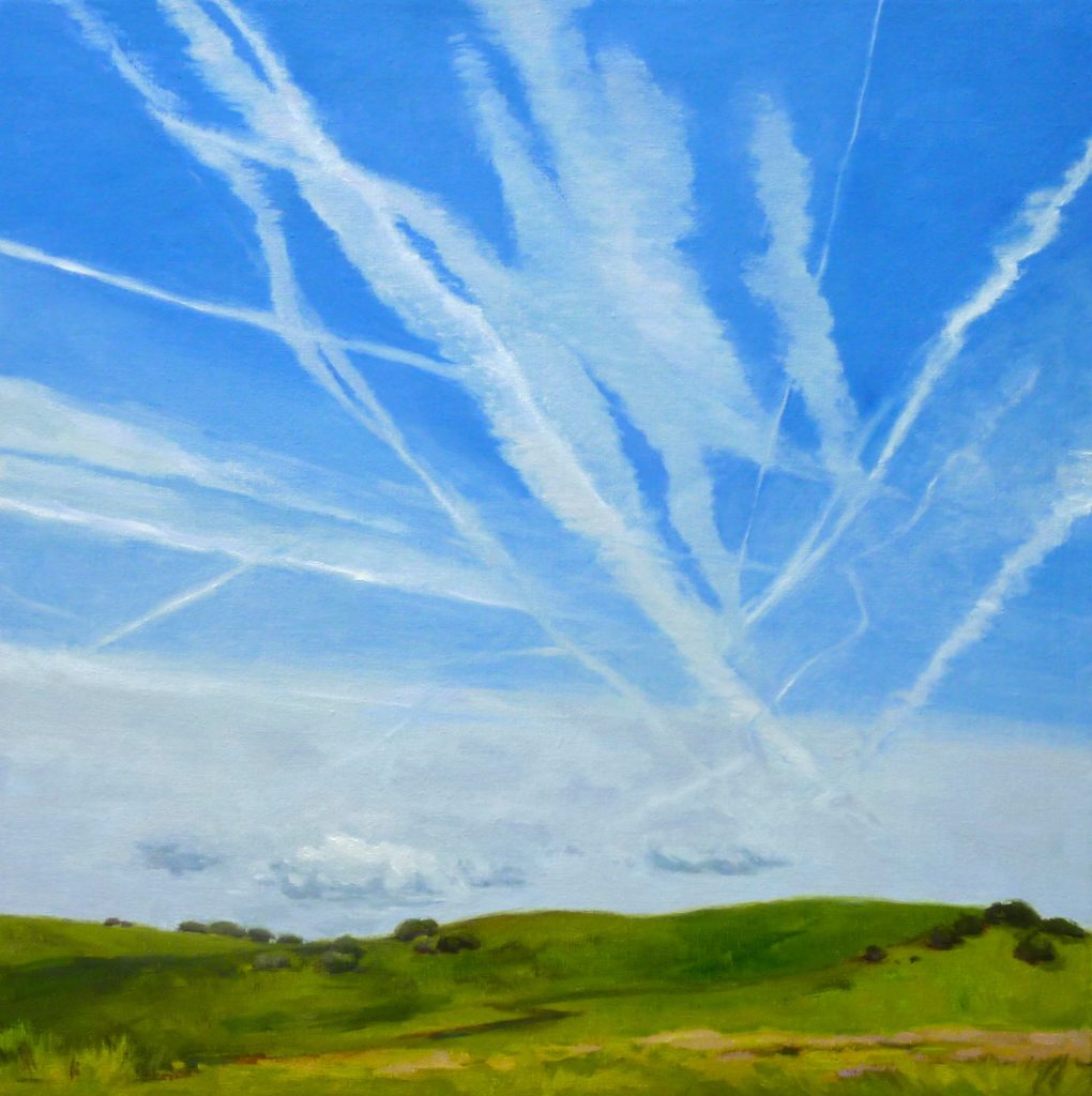 “Plein Air Landscape (Contrails),” by Nina Warner, oil, 30 x 30 in.