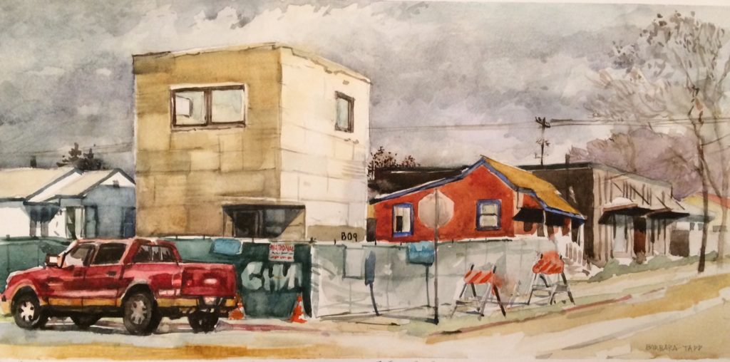 "The Block on the Block," by Barbara Tapp, 2017, watercolor, 7 ½ x 15 in. 