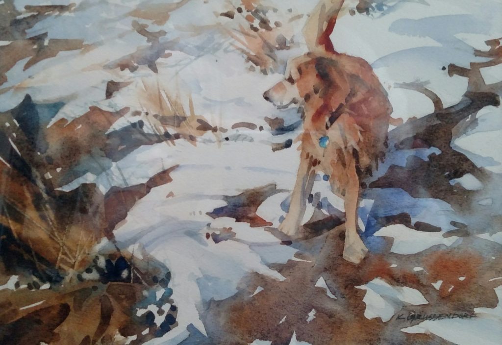 “Snow Dog,” by Kristi Grussendorf, watercolor, 8 x 10 in. Collection of Brienne M. Brown
