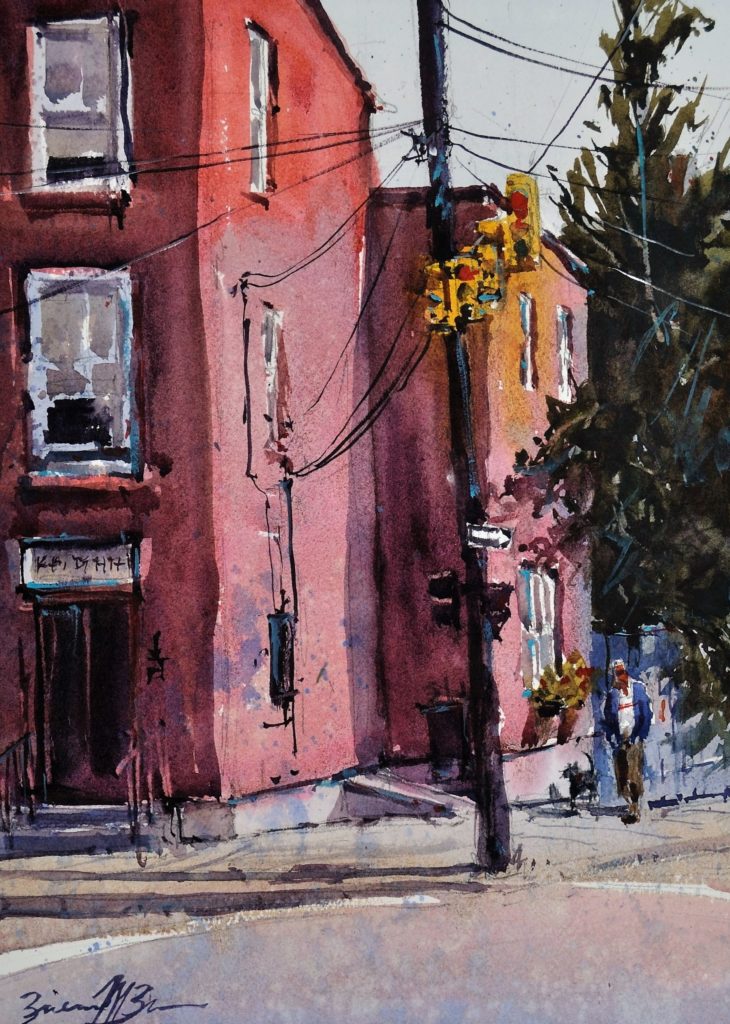 “Walking to the Corner,” by Brienne M. Brown, watercolor, 14 x 10 in. Collection the artist 