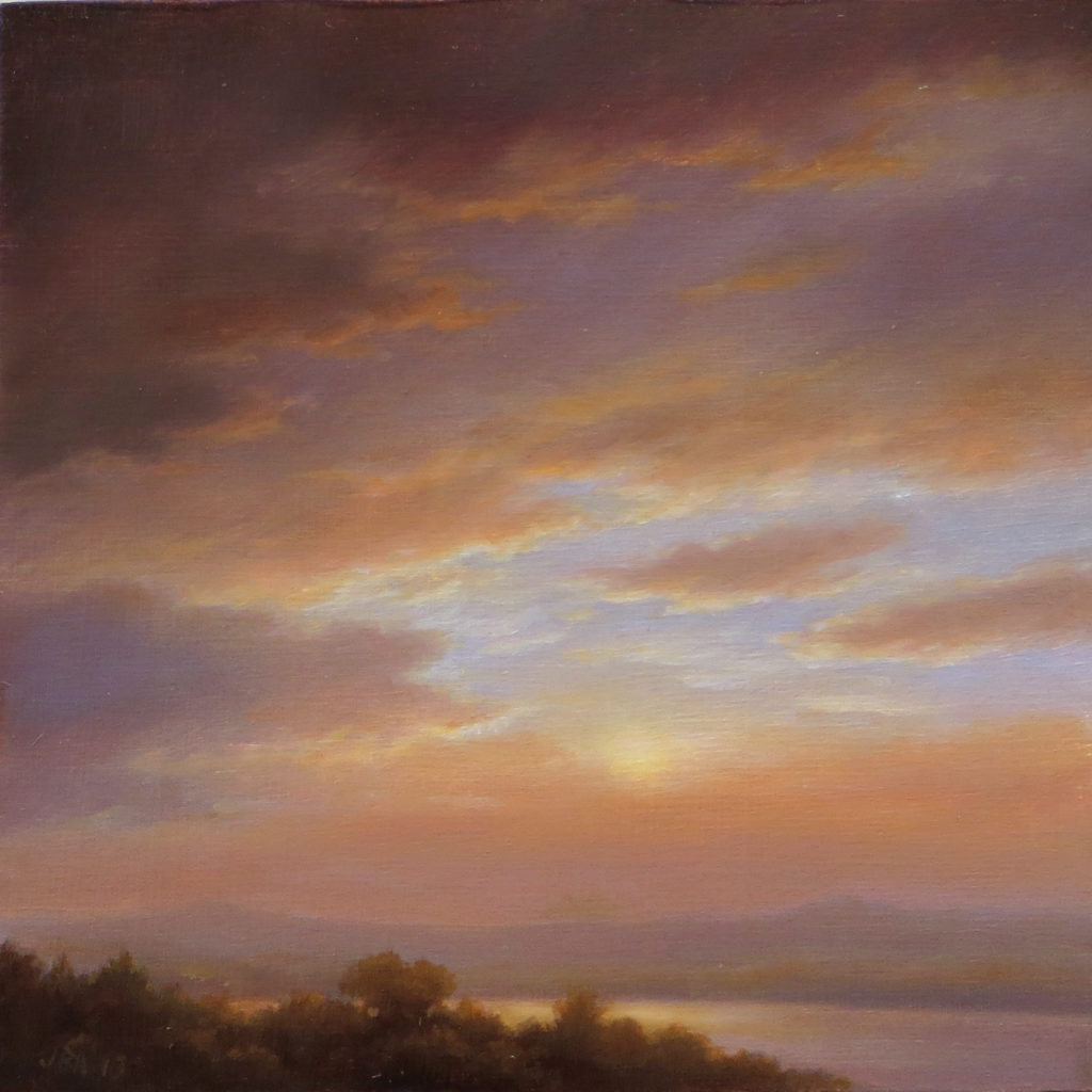"Winter Sunset," by Jane Bloodgood-Abrams, oil on panel, 8 x 8 in.