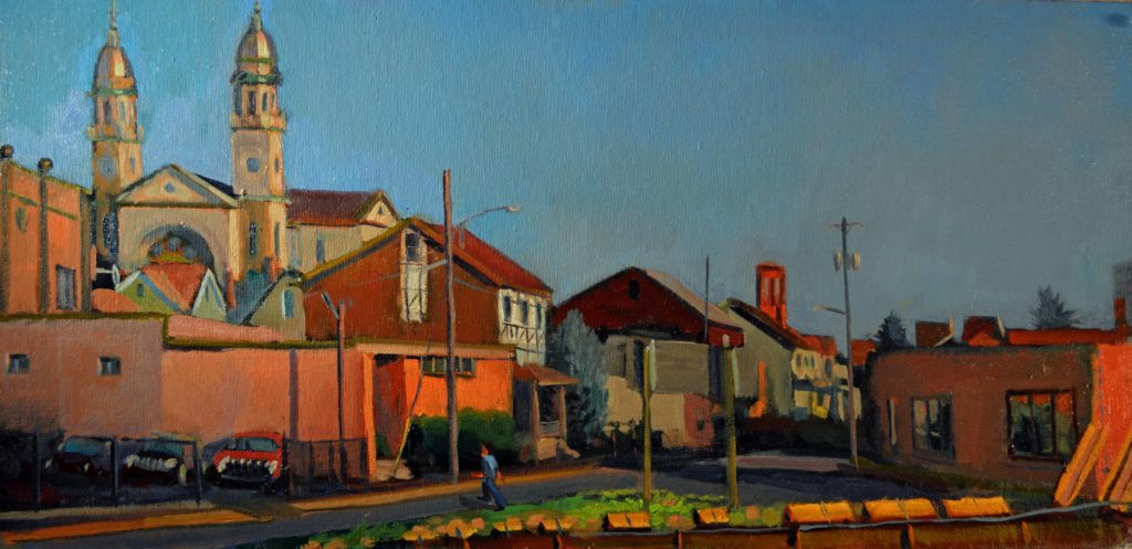 “Sunset With Yellow Construction Equipment,” by William Pfahl, 2016 oil on canvas on board, 11 1/2 x 21 in.
