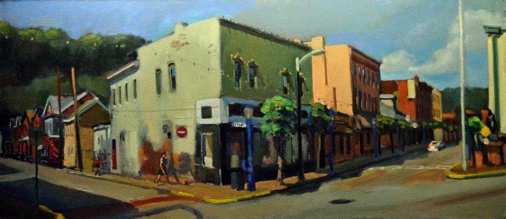 “N. Canal and Main Streets View,” by William Pfahl, 2016, oil on canvas on board, 15 x 35 in.