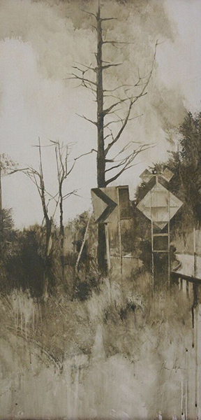 “Pine & Highway Sign,” by Charlie Hunter, oil on muslin on panel, 32 x 16 in.