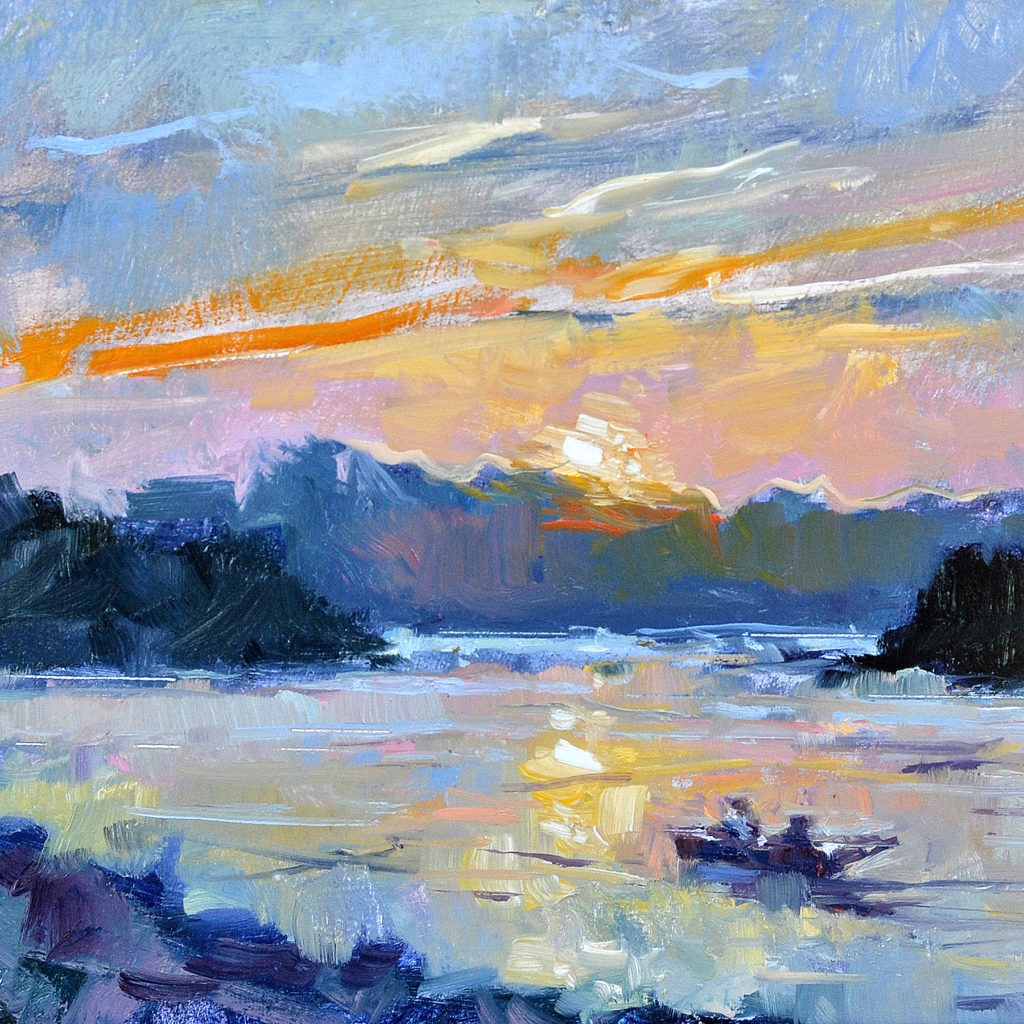 “John Boat Sunrise,” by Lon Brauer, oil, 12 x 12 in.