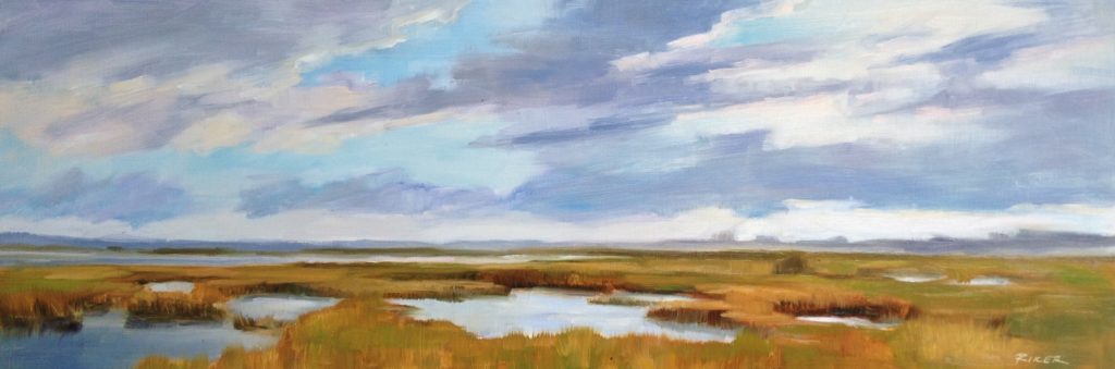 “Chincoteague Channel,” by Julie Riker, 2015, oil, 7 x 24 in. Private collection