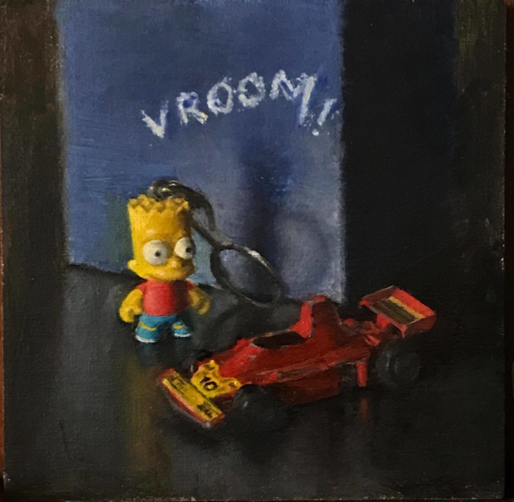 “vroom,” by Mark Kevin Gonzales, oil on linen mounted on board, 5 x 5 in.