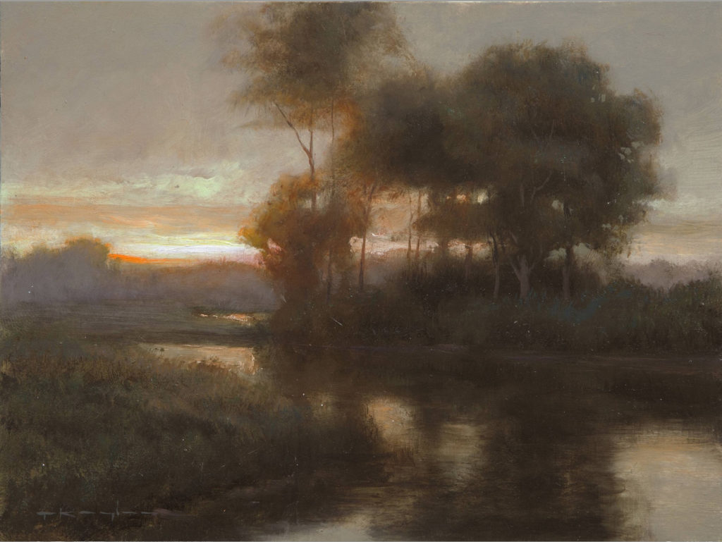 “Trout Stream at Dusk, Psalms 25:9,” by Thomas Kegler, oil, 9 x 12 in.