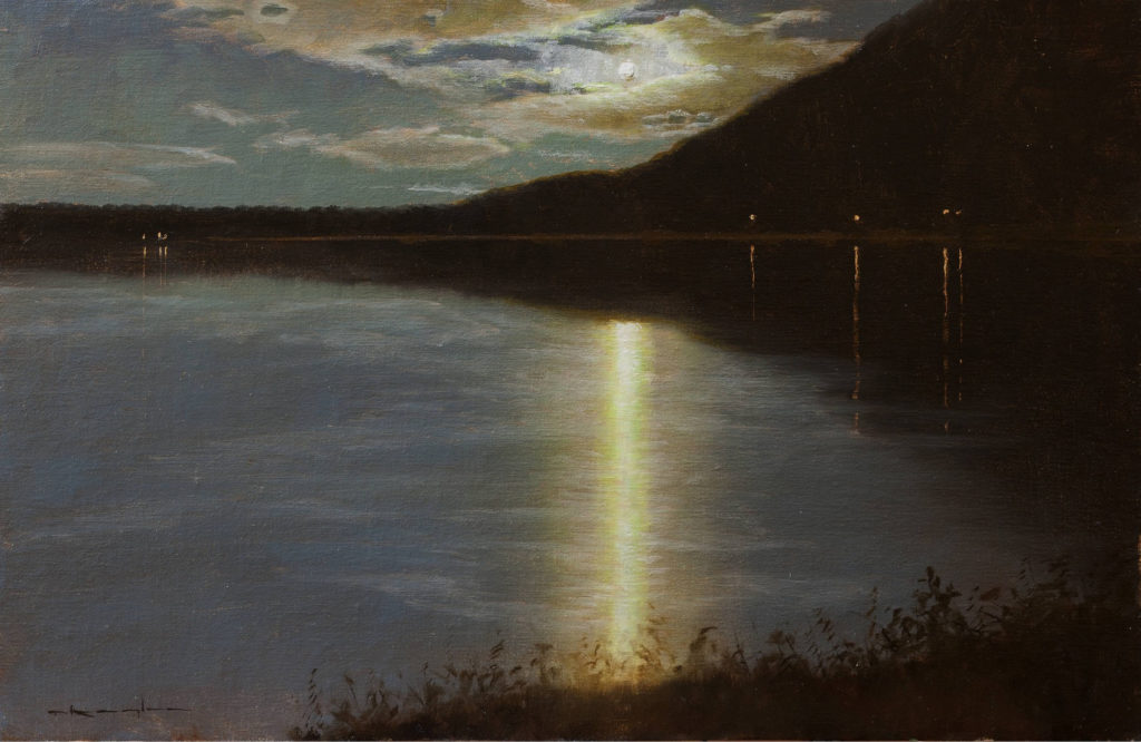 “Moonrise Over Lake, Hunter, NY,” by Thomas Kegler, oil on linen, 12 x 18 in.