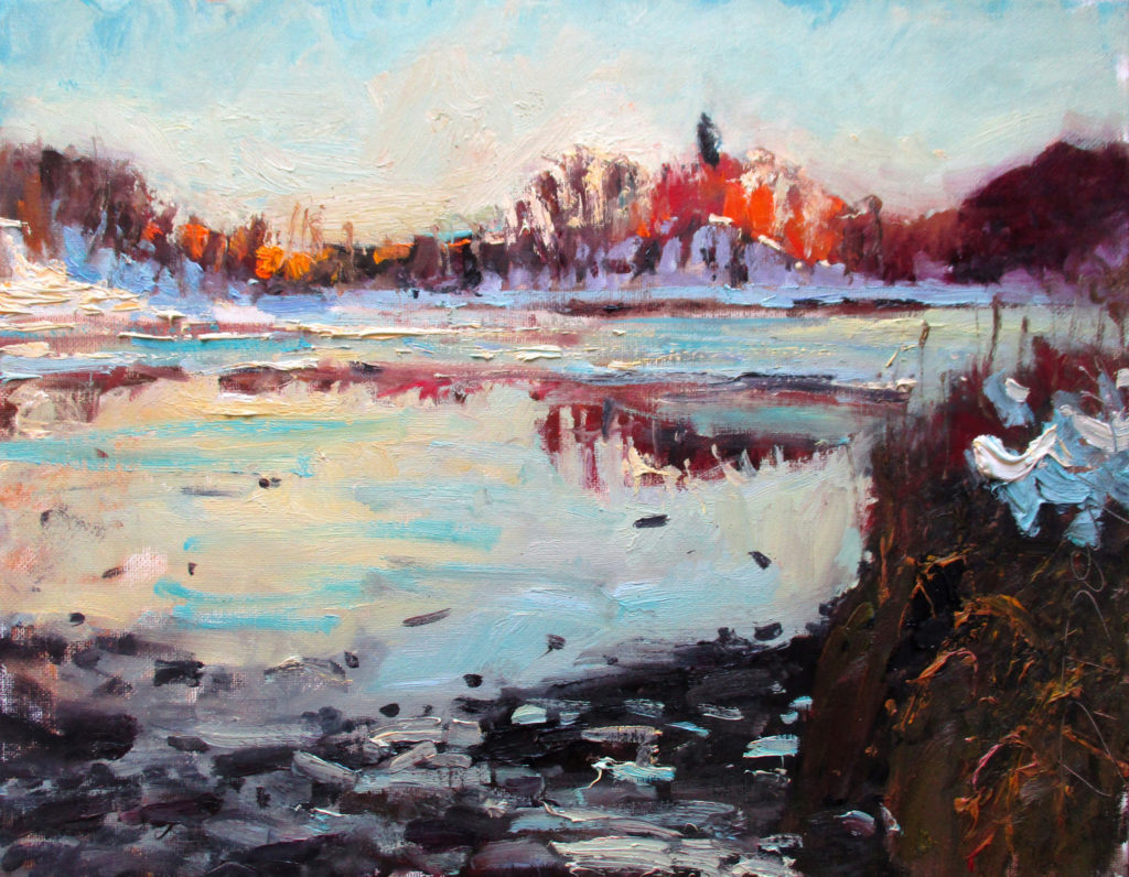 “Winter in Bare Cove,” by Dennis Doyle, oil, 11 x 14 in.