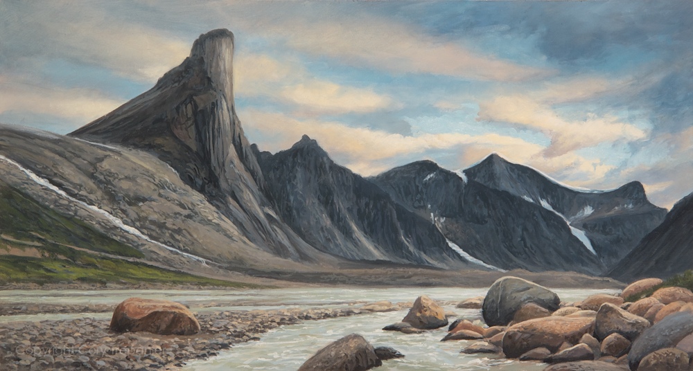 “Evening at Mount Thor — Study,” by Cory Trepanier, oil on linen, 8 1/2 x 16 in.