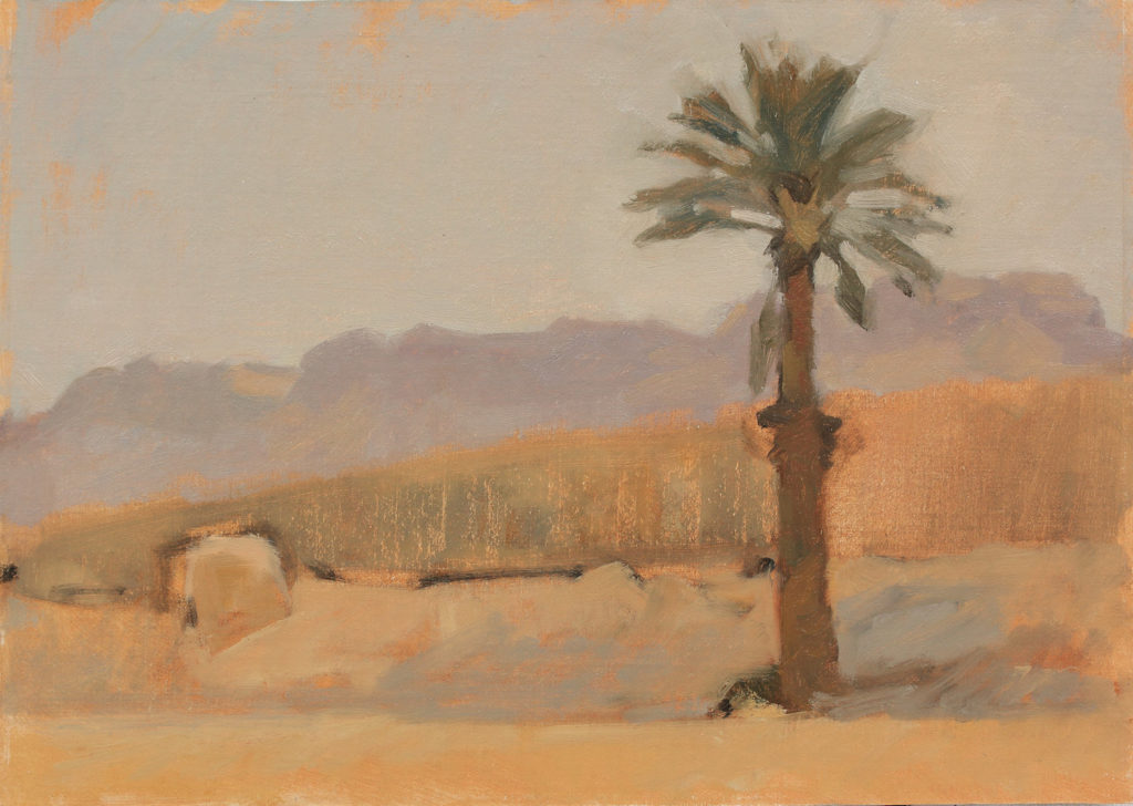 “View Toward Ein Gedi,” by James Coe, 2017, oil on canvas on Gatorbord, 10 x 14 in. 