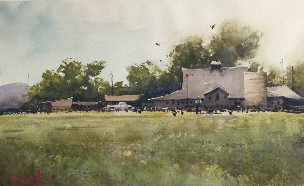 “Cherryvale Farm,” by Daniel Marshall, watercolor, 13 x 20 in.