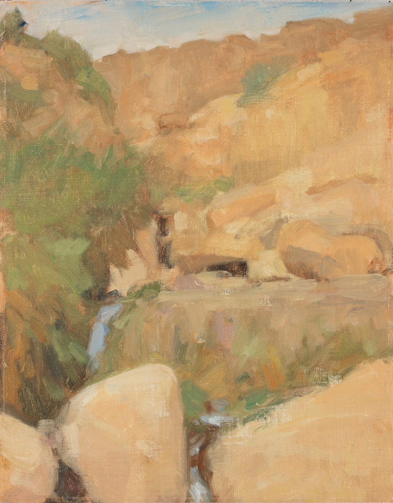 “Falls in Wadi David,” by James Coe, 2017, oil on linen on Gatorbord, 14 x 11 in.