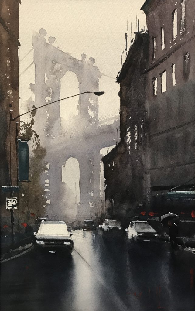 “Early Rain in Brooklyn,” by Daniel Marshall, watercolor, 16 1/2 x 10 1/2 in.