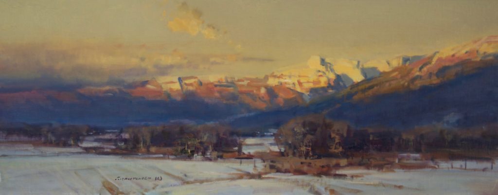 “Miles of Open Space,” by Scott Christensen, 2016, oil, 12 x 30 in. Collection of Mary Garrish