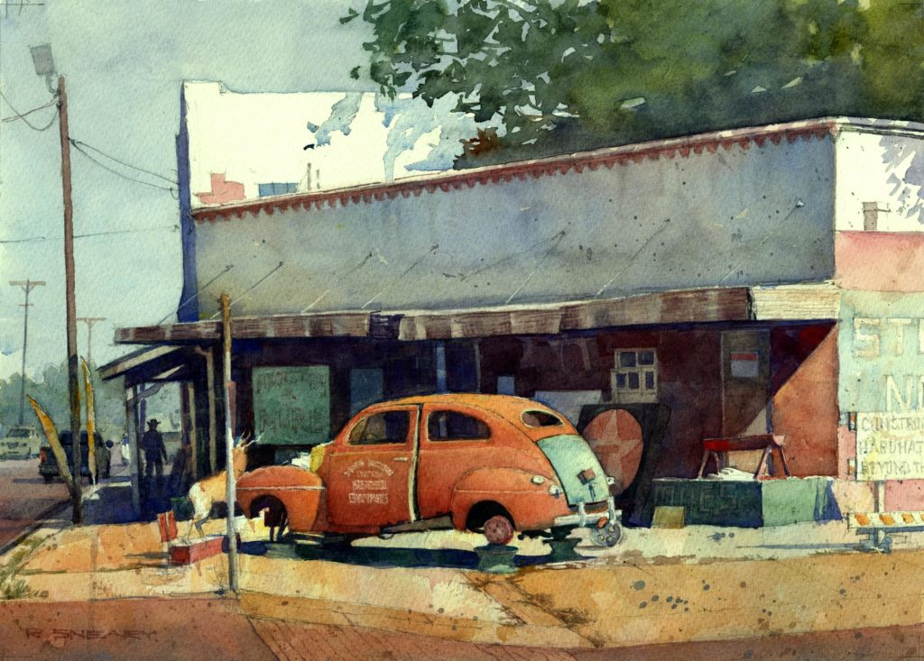 "West Texas Town," by Richard Sneary, watercolor, 10 x 14 in. Private collection. Merit Award 