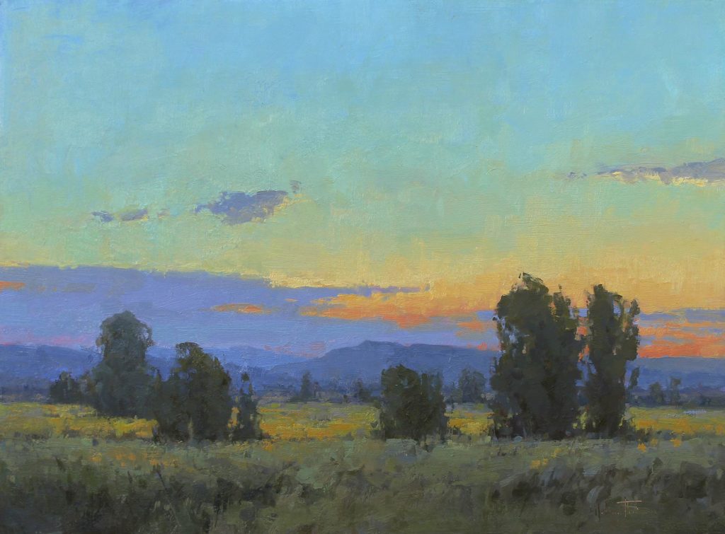 "Wallowa Valley Twilight," by Melanie Thompson, 2016, oil on panel, 12 x 16 in. Collection the artist. Merit Award 