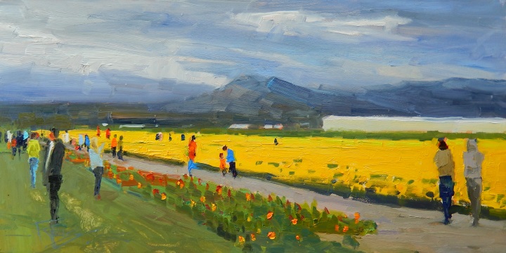 “RoozenGaarde Daffodils,” by Robin Weiss, oil, 8 x 16 in.