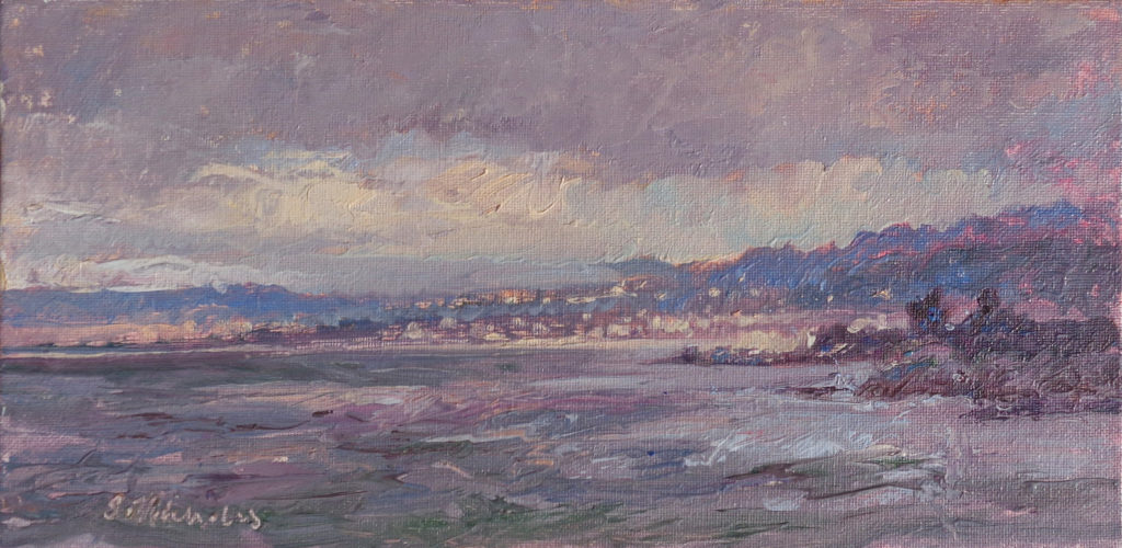 “1st Day Monterey Bay California,” by Susan Nicholas Gephart, oil, 6 x 12 in.