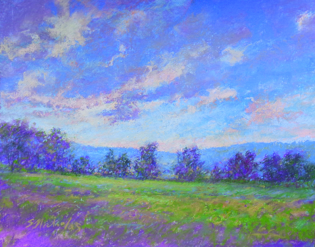 “Sunset and Clouds Over Hameau Farm,” by Susan Nicholas Gephart, pastel, 16 x 20 in.