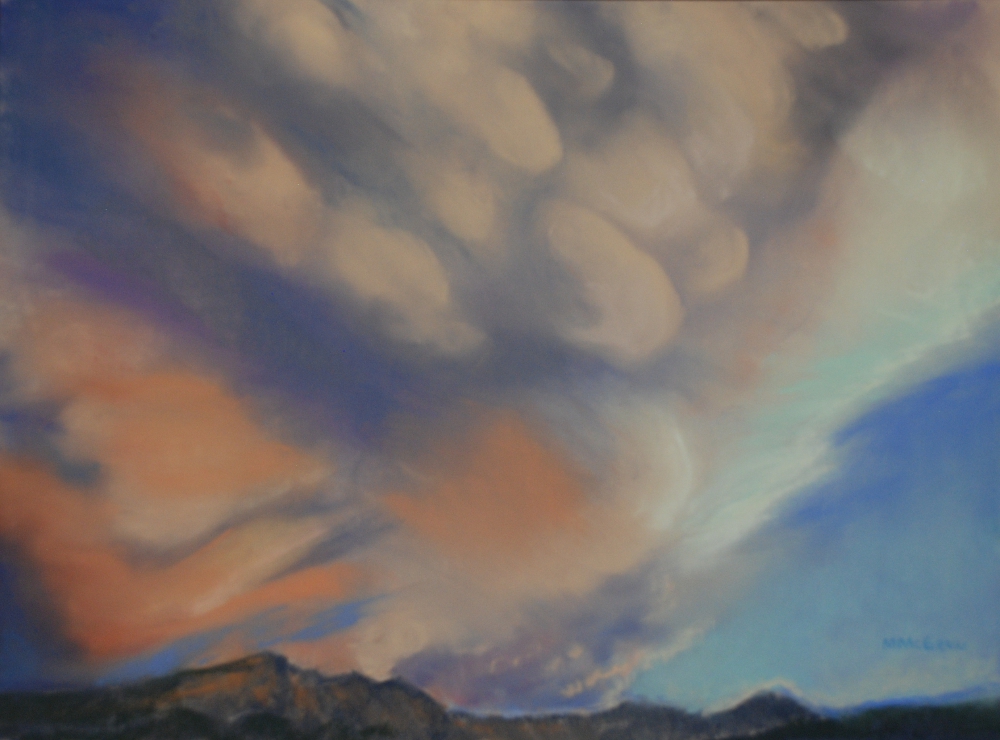 “Turbulent Skies at Sunset,” by Maryann McGraw, pastel, 12 x 16 in.