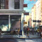 Oil painting of a downtown city