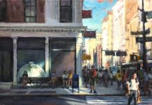 The Challenge of Painting “Crossing Light” Oil painting of a downtown city