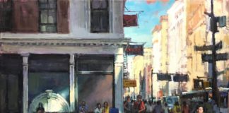 Oil painting of a downtown city