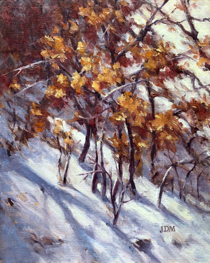 John Meister, "Snowy Oaks," oil, 10 x 8 in.