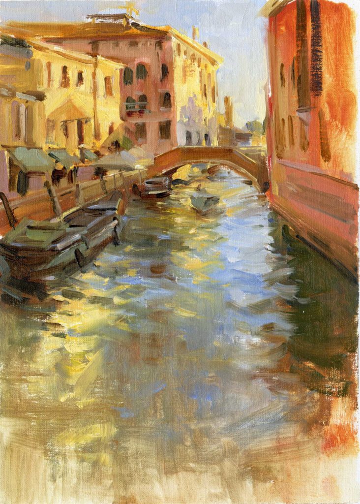 Thomas Jefferson Kitts, “Boating Home in Venice,” oil, 16 x 12 in., Plein air