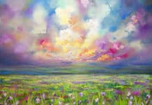 5 Tips To Add More Color and Creativity To Your Landscape Painting Plein air painting of abstract landscape and cloudy sunset sky by Canadian Artist Painter Melissa McKinnon