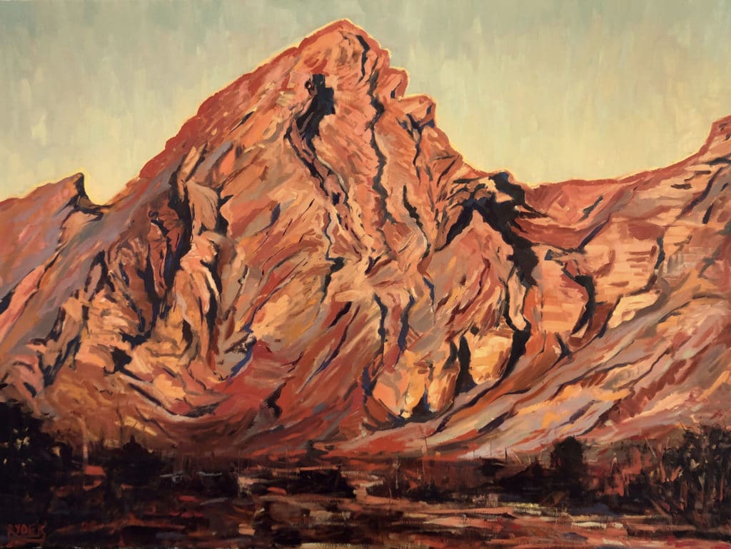 Matt Ryder, “Low Sun at Jebel Hafeet,” oil on linen, 102cm x 76cm