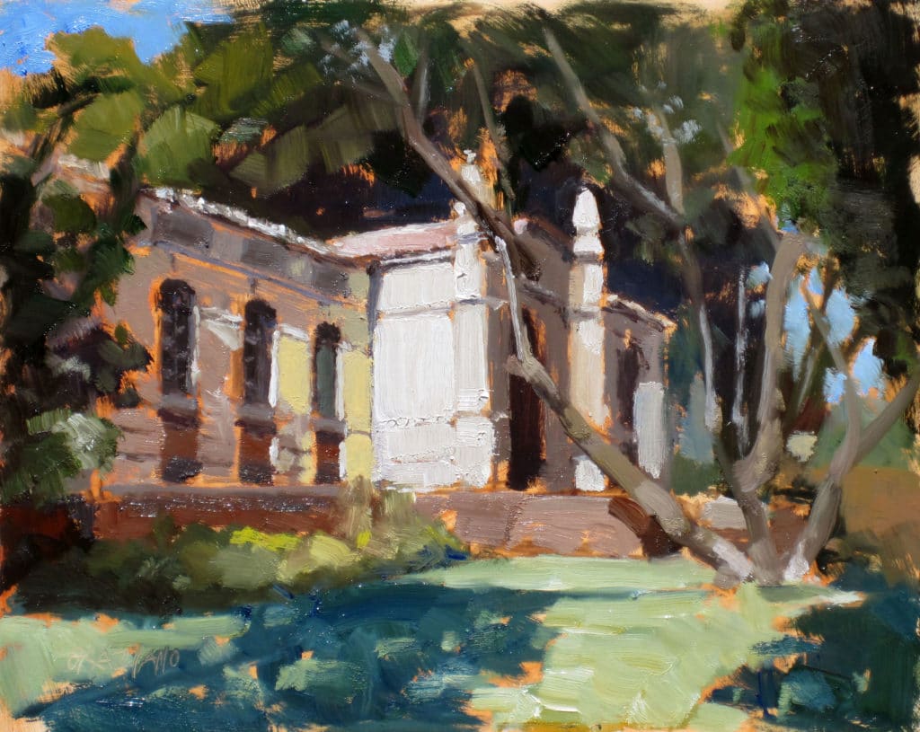 Dan Graziano, “South Pasadena Library,” 2011, oil, 8 x 10 in. Collection the artist, Plein air
