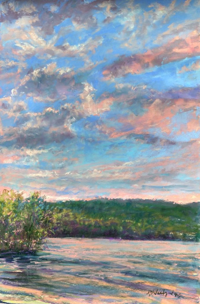 Susan Nicholas Gephart, “Tranquil Sunset,” 2018, pastel, 16 x 12 in. Collection the artist, Plein air