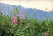 Peggy Immel, “Fireweed,” 2018, oil, 12 x 12 in., Private collection, Plein air