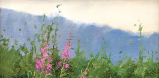 Peggy Immel, “Fireweed,” 2018, oil, 12 x 12 in., Private collection, Plein air