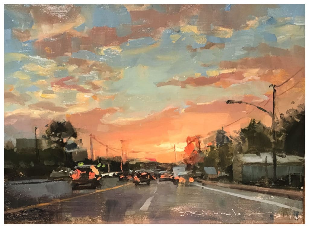 James Richards, “Sunset Drive,” 2017, oil, 9 x 12 in. Collection the artist, Plein air