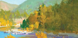 Lori Putnam, “Magic in West Glacier,” 2017, oil, 9 x 12 in., Collection the artist, Plein air study