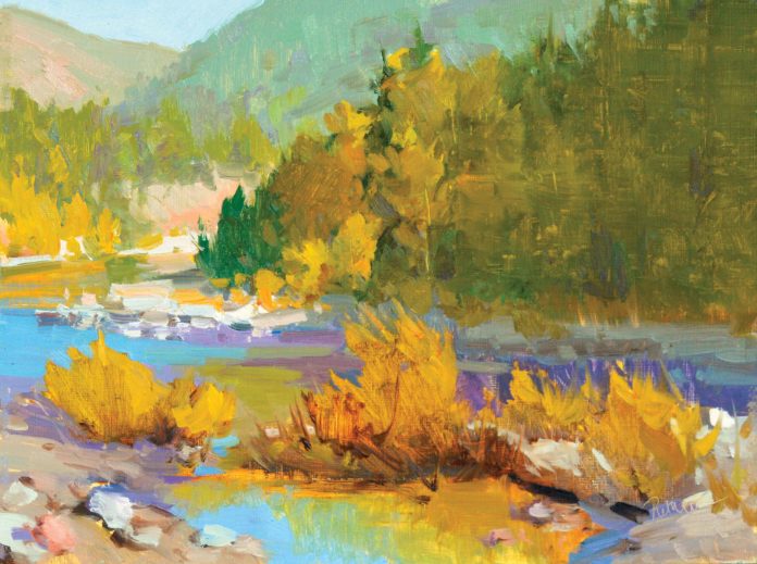 Lori Putnam, “Magic in West Glacier,” 2017, oil, 9 x 12 in., Collection the artist, Plein air study