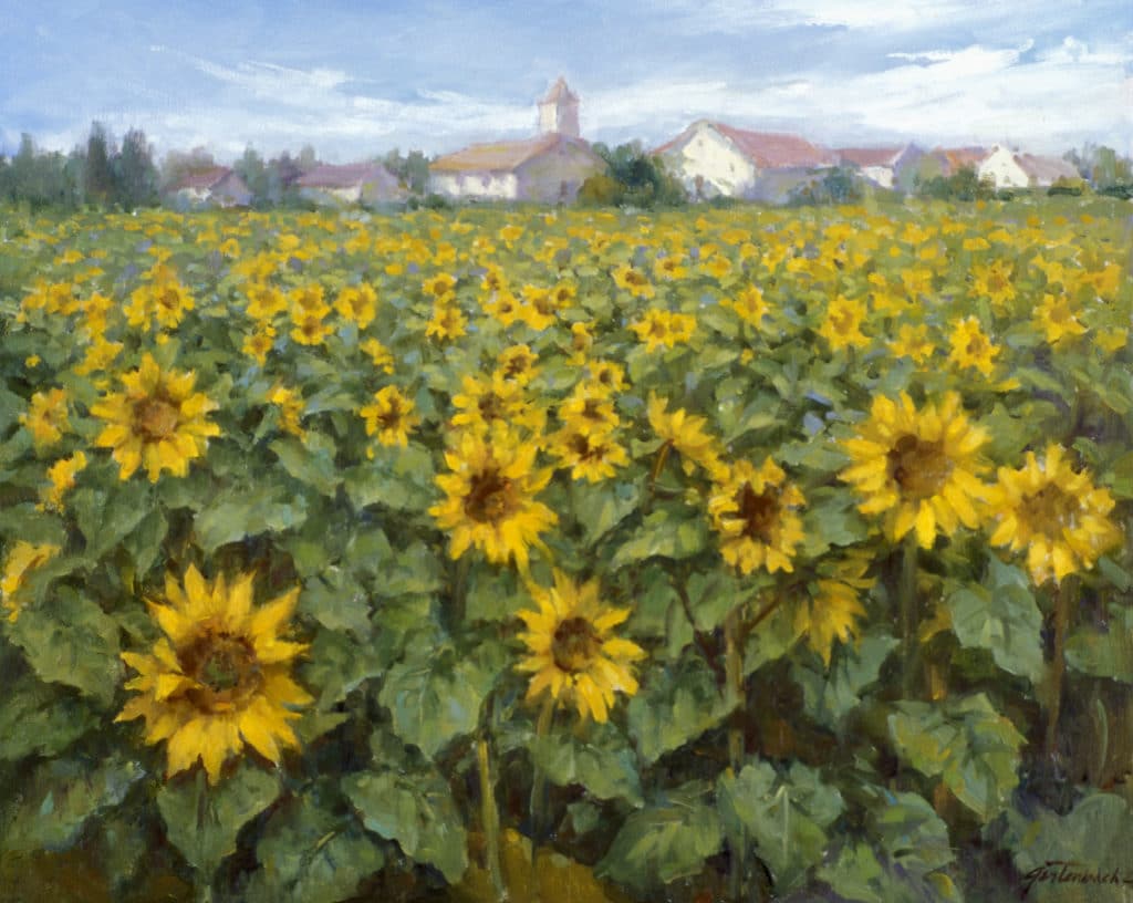 Plein air painting of sunflower field