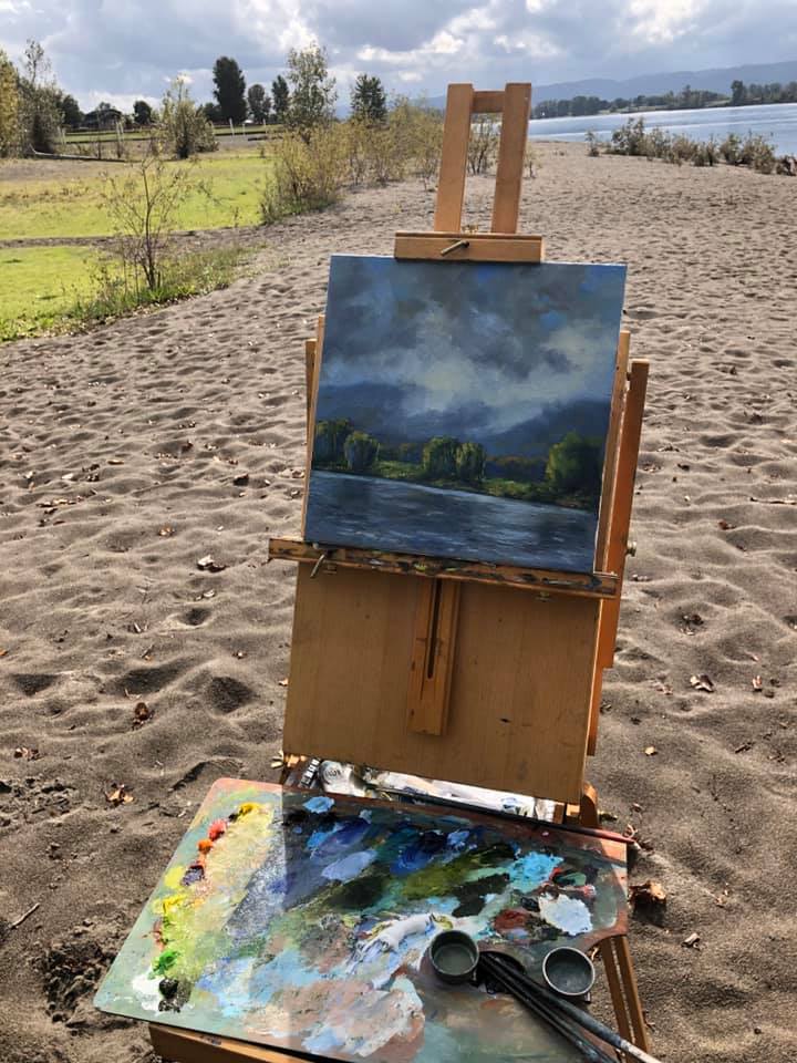 Tiny Ocean Front Oil Painting with Black Easel