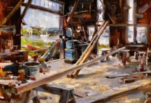 Mitch Baird, “Boat Builders Shop,” 2017, oil, 16 x 20 in., Private collection, Plein air