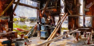 Mitch Baird, “Boat Builders Shop,” 2017, oil, 16 x 20 in., Private collection, Plein air