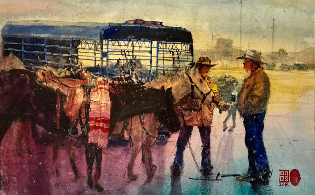 Richie Vios, “Cowboy Office,” 2018, watercolor, 14 x 22 in.